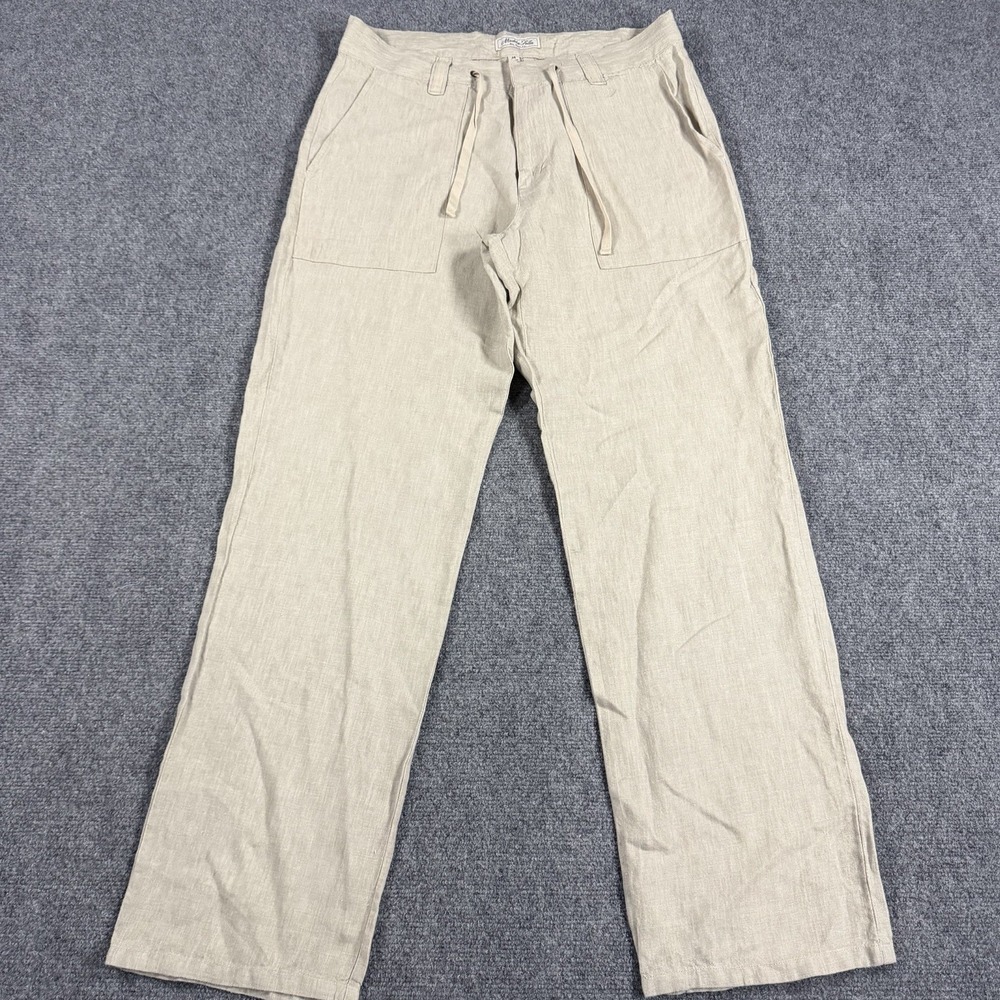 Madda Fella Linen Pants Mens Medium Beige Drawstring Beach Tropical Resort